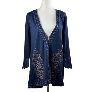 Soft Surroundings Highlands Jacket S Denim Embroidered 3/4 Sleeve Artsy Western